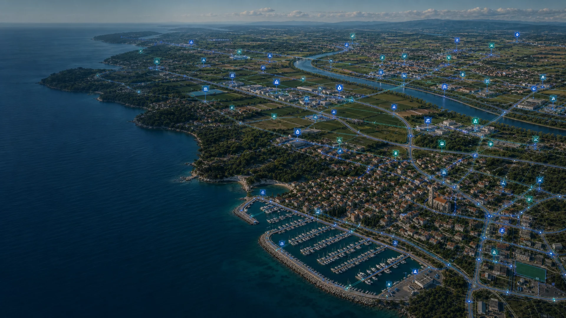 Croatian coastal and continental landscape with mapped utility networks and infrastructure maintenance locations