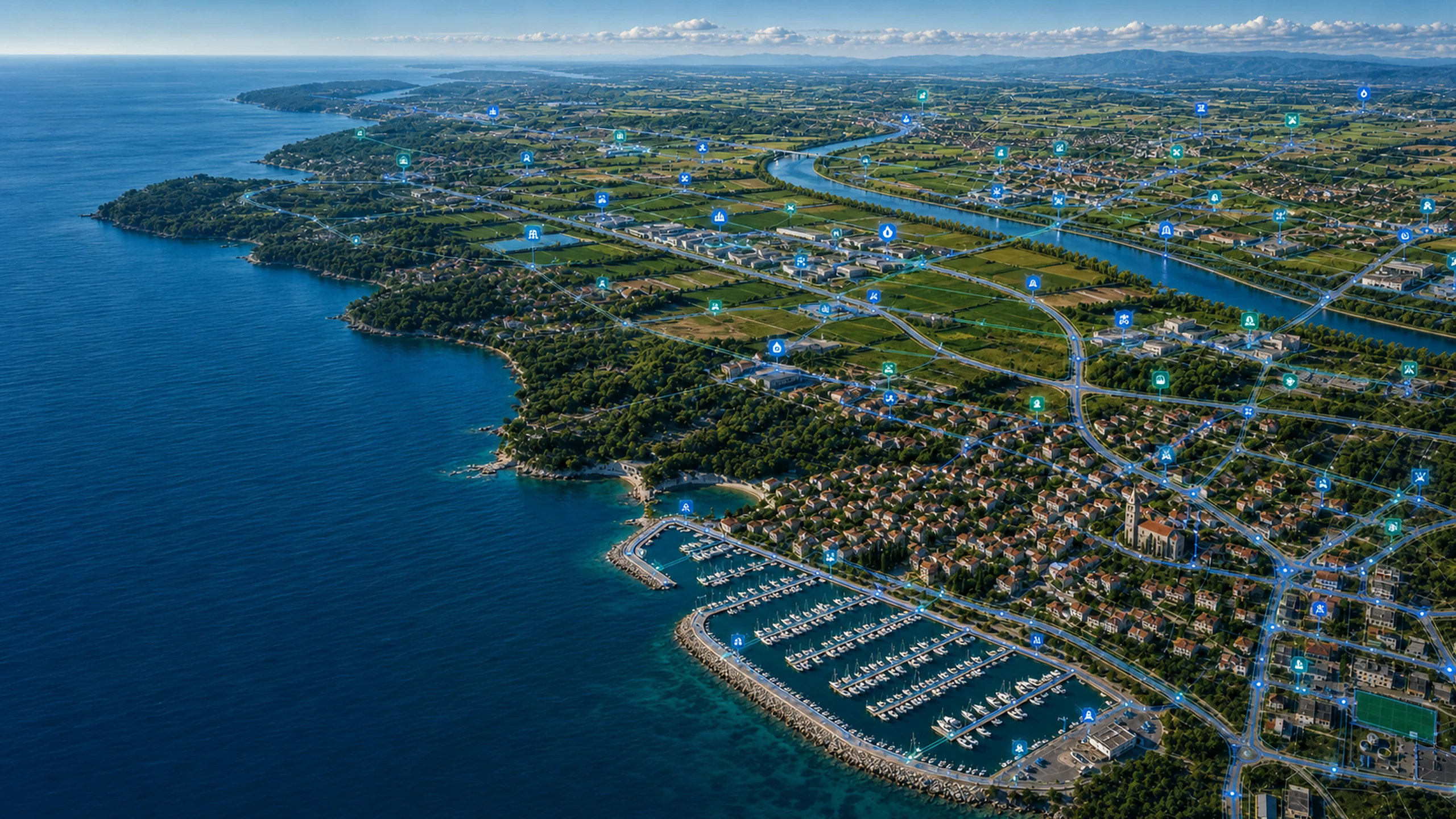 Croatian coast, inland landscape and river with mapped utility networks and infrastructure maintenance locations